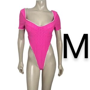 🆕Hot Pink & White Lace Trim Honeycomb Textured Thong Bodysuit~Size M